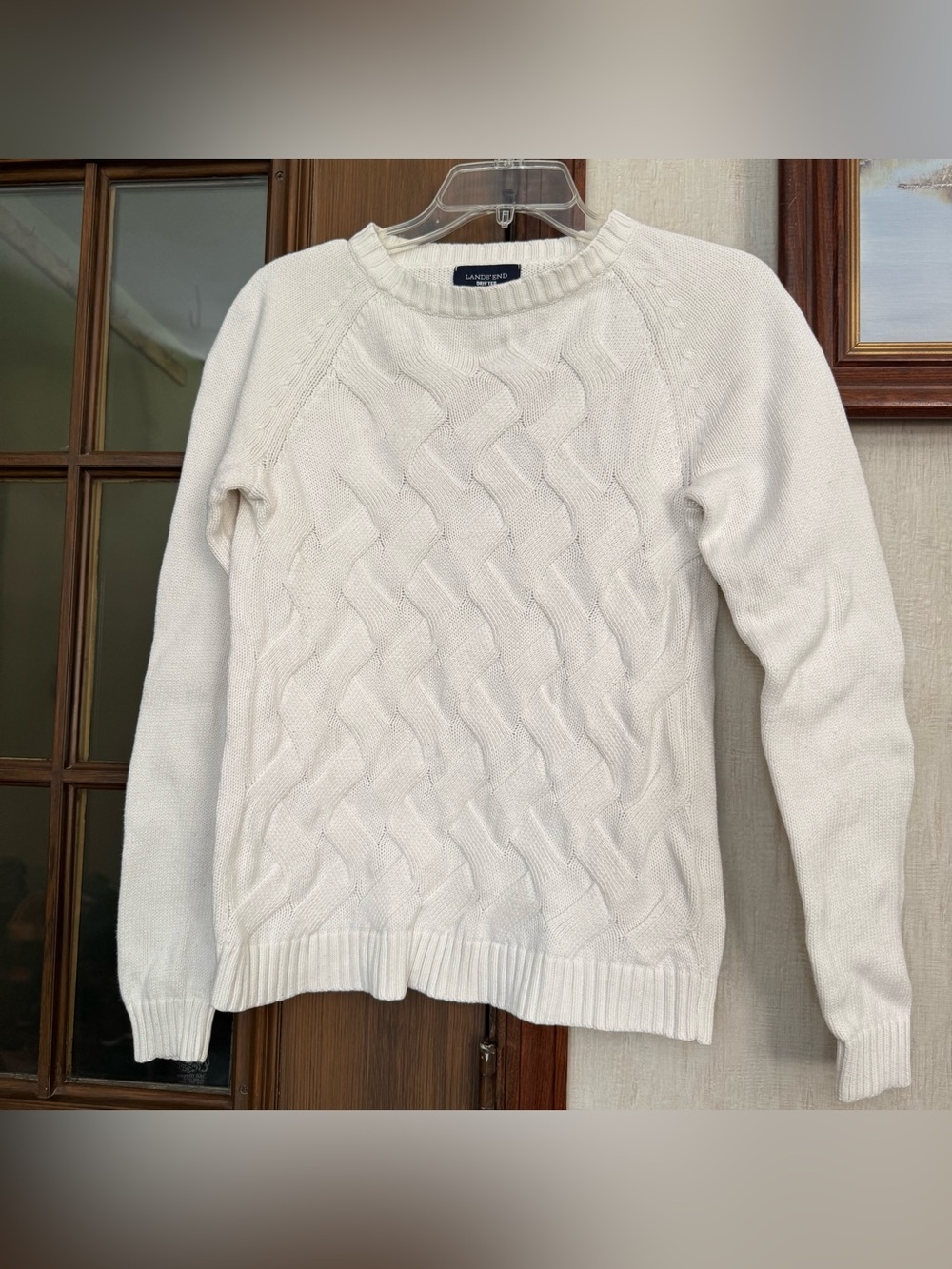 Lands' End Ivory Cable-Knit Crewneck Sweater